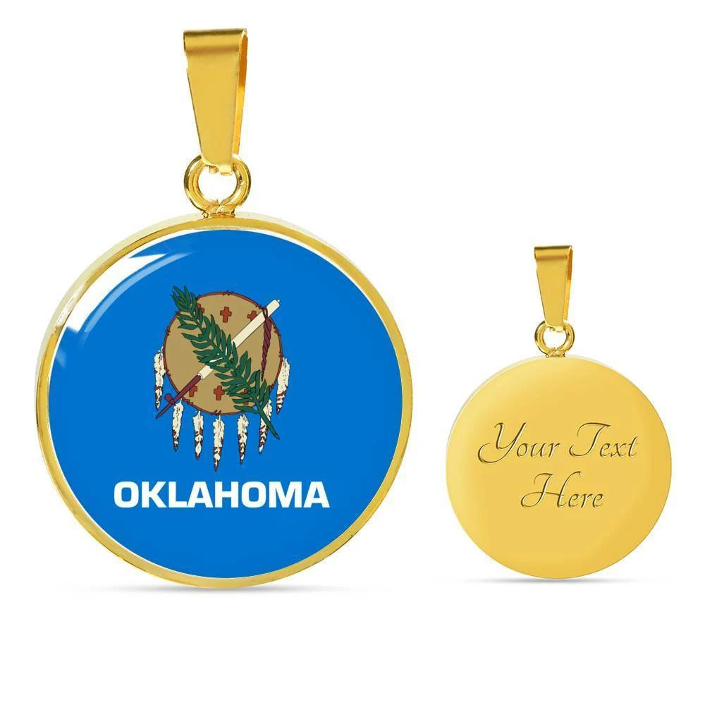 Oklahoma State Flag Personalized Engraved Gold Circle Necklace Custom Name Date